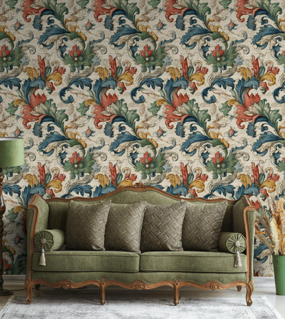 Vintage Baroque Wallpaper | Distressed Italian Floral Wall Mural | Peel & Stick or Traditional Fresco Art