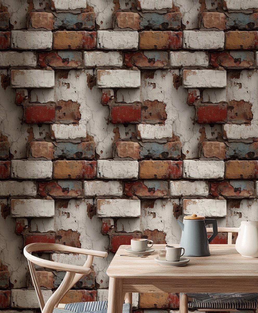 Distressed Brick Wallpaper | Peel & Stick Rustic Faux Texture Mural | Industrial Farmhouse Wall Decor