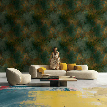 Abstract Patina Wallpaper | Teal & Gold Faux Texture Mural
