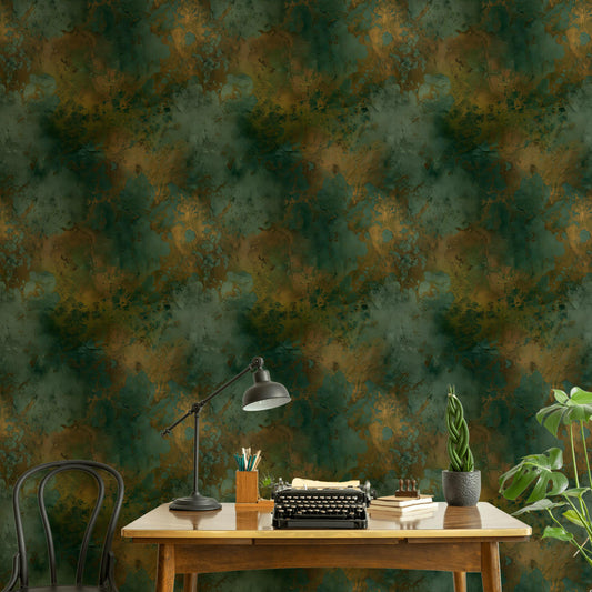 Abstract Patina Wallpaper | Teal & Gold Faux Texture Mural