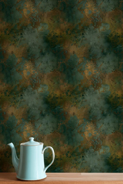 Abstract Patina Wallpaper | Teal & Gold Faux Texture Mural