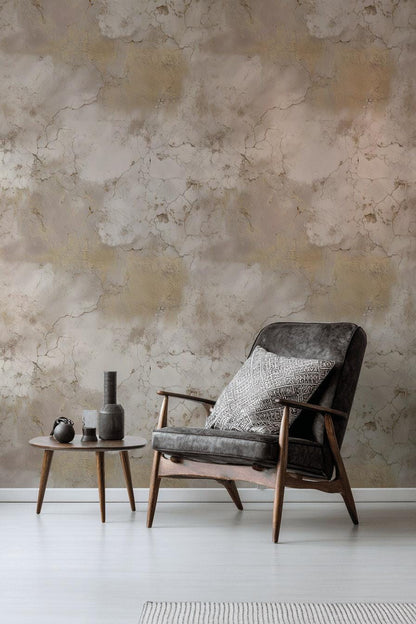 Beige Faux Marble Wallpaper | Distressed Gold Peel & Stick Mural | Luxury Neutral Plaster Texture Art