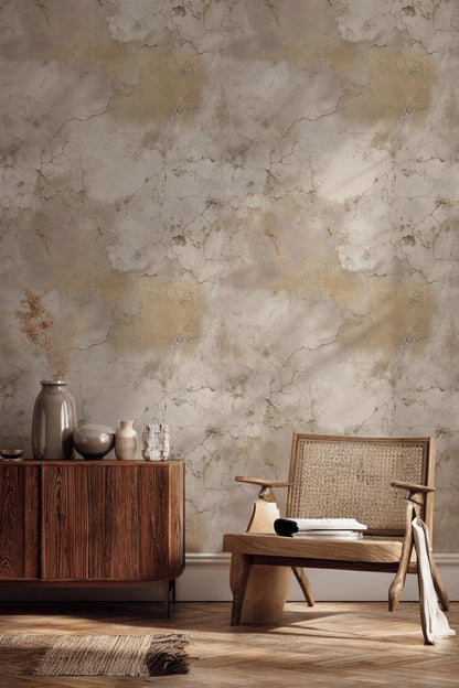 Beige Faux Marble Wallpaper | Distressed Gold Peel & Stick Mural | Luxury Neutral Plaster Texture Art