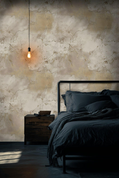 Beige Faux Marble Wallpaper | Distressed Gold Peel & Stick Mural | Luxury Neutral Plaster Texture Art