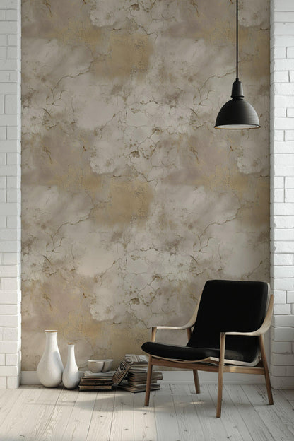 Beige Faux Marble Wallpaper | Distressed Gold Peel & Stick Mural | Luxury Neutral Plaster Texture Art