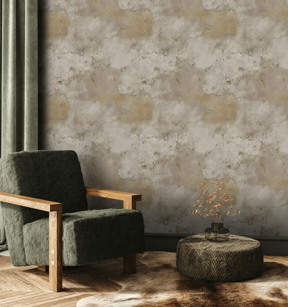 Beige Faux Marble Wallpaper | Distressed Gold Peel & Stick Mural | Luxury Neutral Plaster Texture Art