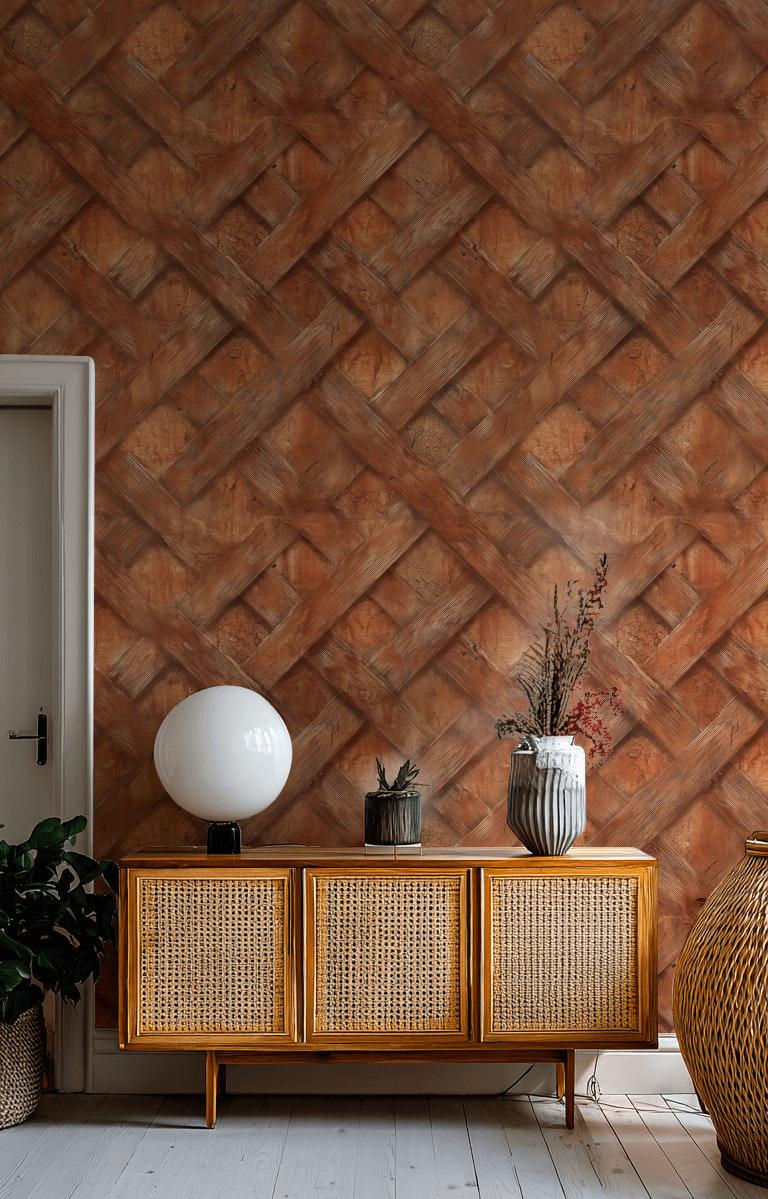 Faux Wood Lattice Wallpaper | Terracotta Brick Wall Mural (Peel & Stick)