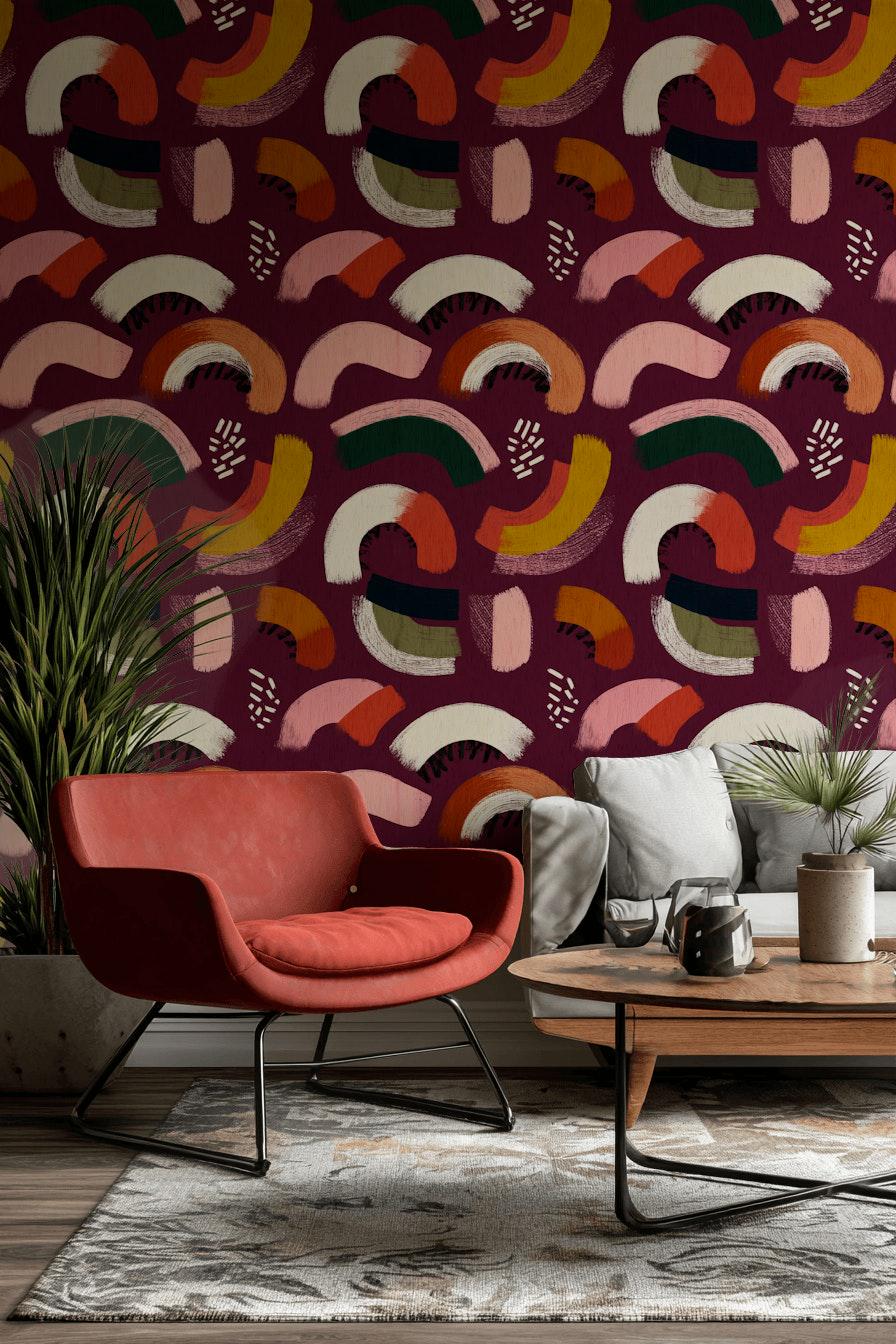 Vibrant Abstract Arches Wallpaper | Modern Boho Brushstroke Wall Mural | Peel & Stick or Traditional Art