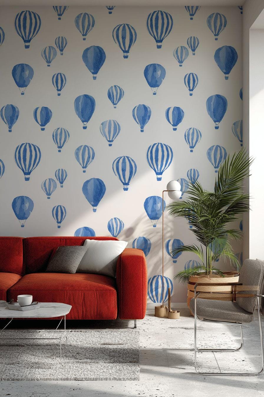 Blue Watercolor Hot Air Balloon Wallpaper | Nursery Wall Mural