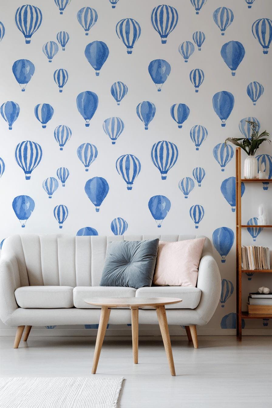 Blue Watercolor Hot Air Balloon Wallpaper | Nursery Wall Mural