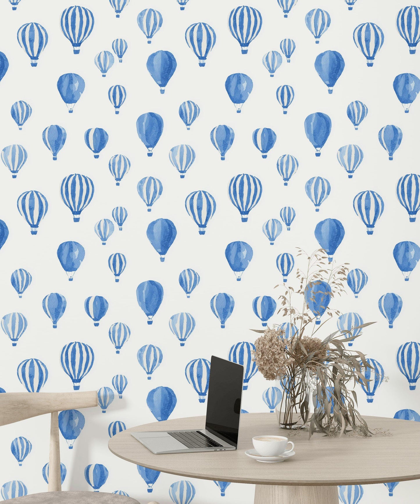 Blue Watercolor Hot Air Balloon Wallpaper | Nursery Wall Mural