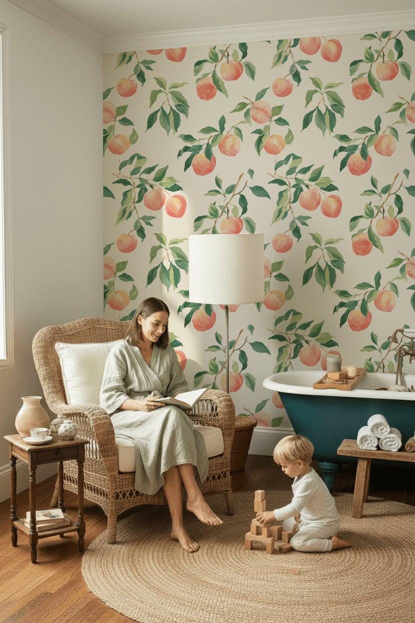 Peach Tree Wallpaper | Botanical Fruit Wall Mural | Peel & Stick or Traditional Kitchen Wall Art