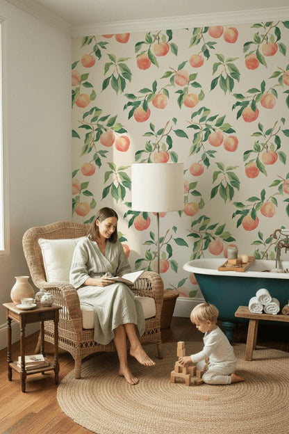 Peach Tree Wallpaper | Botanical Fruit Wall Mural | Peel & Stick or Traditional Kitchen Wall Art