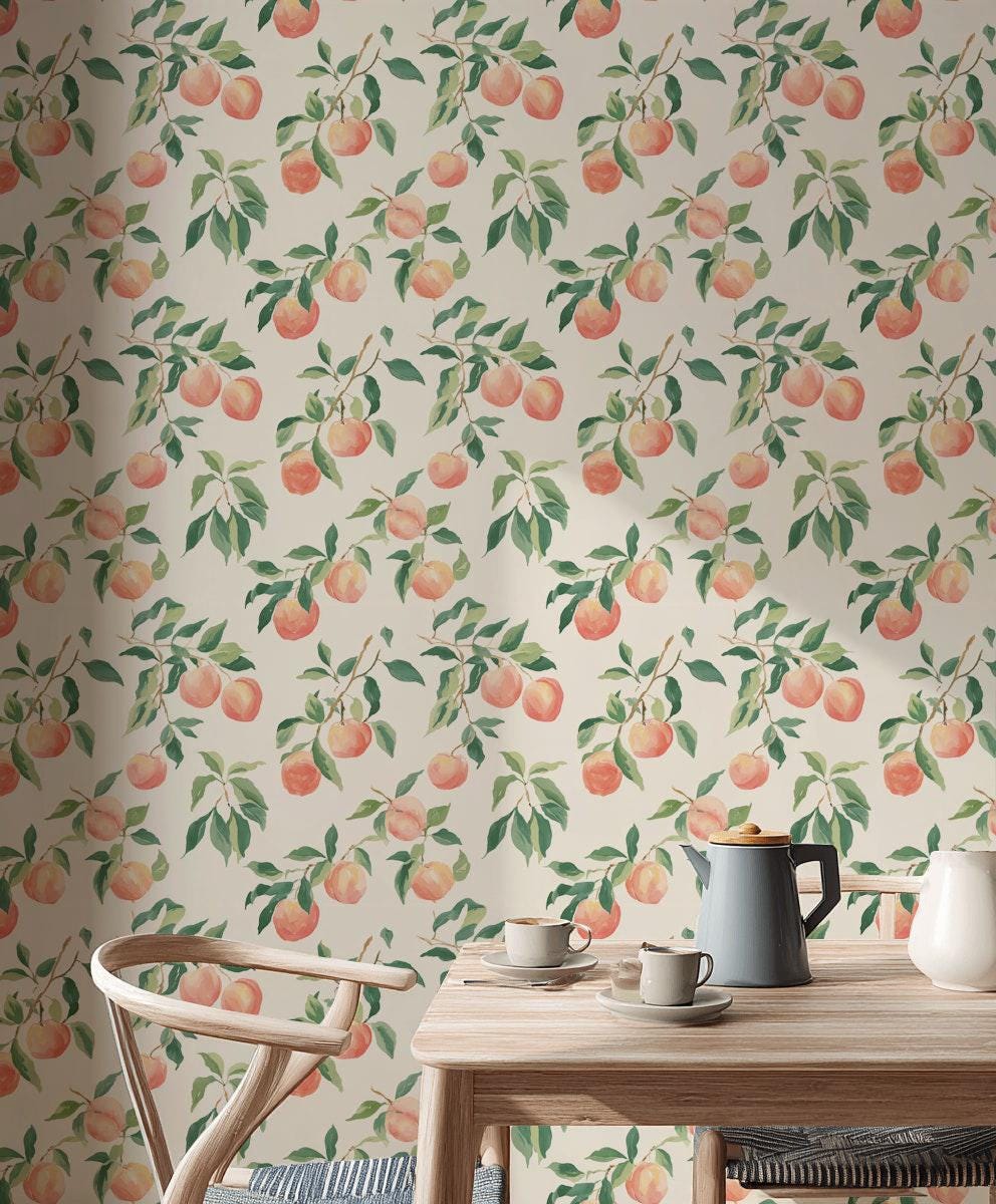 Peach Tree Wallpaper | Botanical Fruit Wall Mural | Peel & Stick or Traditional Kitchen Wall Art