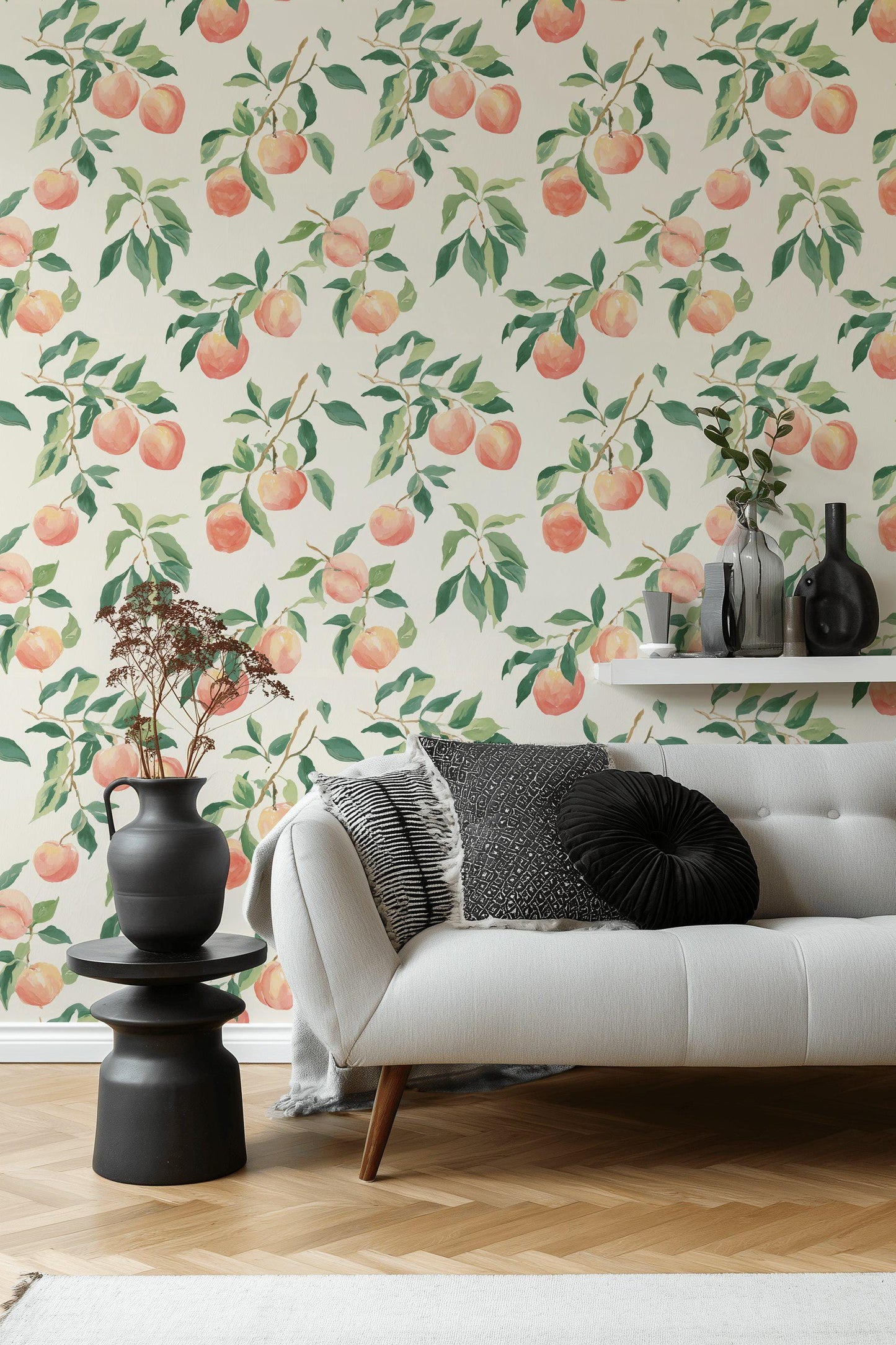 Peach Tree Wallpaper | Botanical Fruit Wall Mural | Peel & Stick or Traditional Kitchen Wall Art