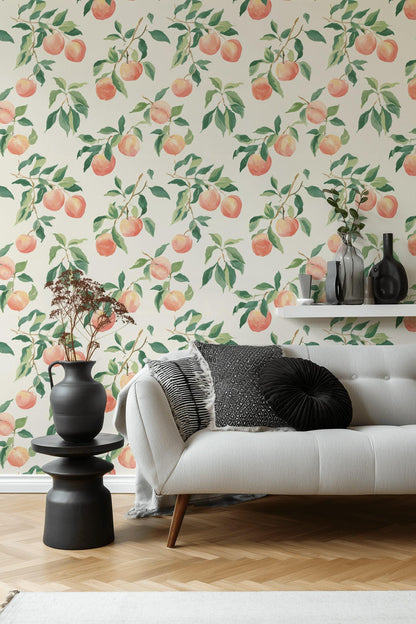 Peach Tree Wallpaper | Botanical Fruit Wall Mural | Peel & Stick or Traditional Kitchen Wall Art