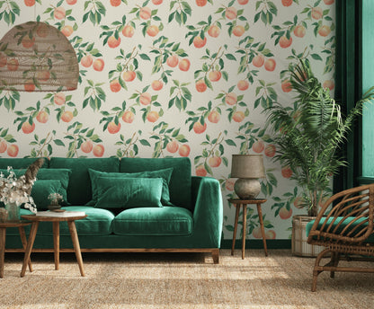 Peach Tree Wallpaper | Botanical Fruit Wall Mural | Peel & Stick or Traditional Kitchen Wall Art