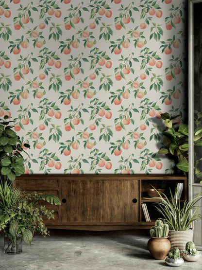 Peach Tree Wallpaper | Botanical Fruit Wall Mural | Peel & Stick or Traditional Kitchen Wall Art