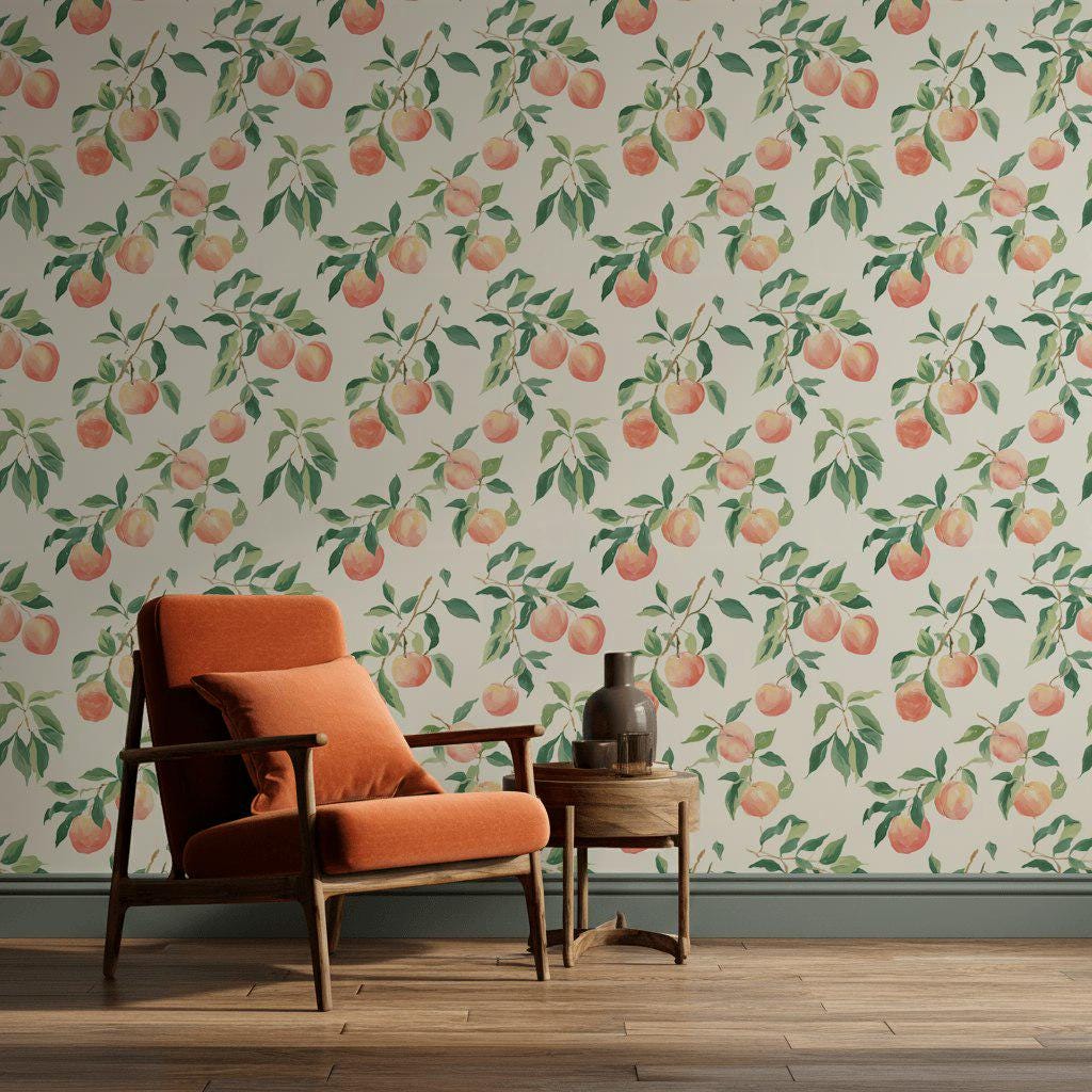 Peach Tree Wallpaper | Botanical Fruit Wall Mural | Peel & Stick or Traditional Kitchen Wall Art