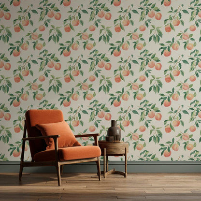 Peach Tree Wallpaper | Botanical Fruit Wall Mural | Peel & Stick or Traditional Kitchen Wall Art