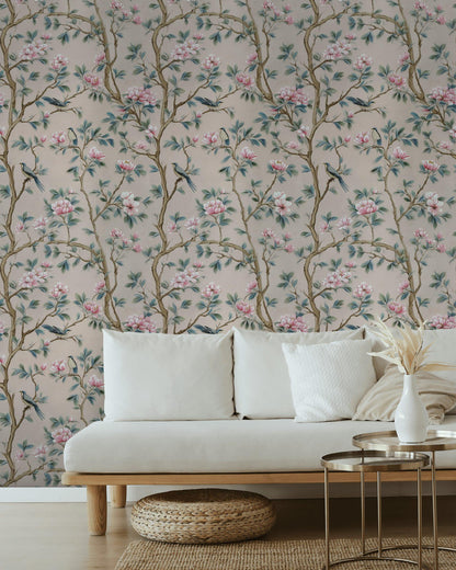 Chinoiserie Magnolia Wallpaper | Pink Floral Bird Mural | Peel & Stick or Traditional Luxury Decor