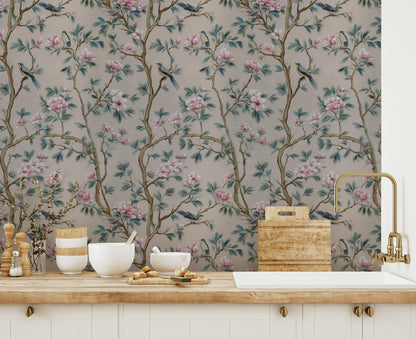 Chinoiserie Magnolia Wallpaper | Pink Floral Bird Mural | Peel & Stick or Traditional Luxury Decor
