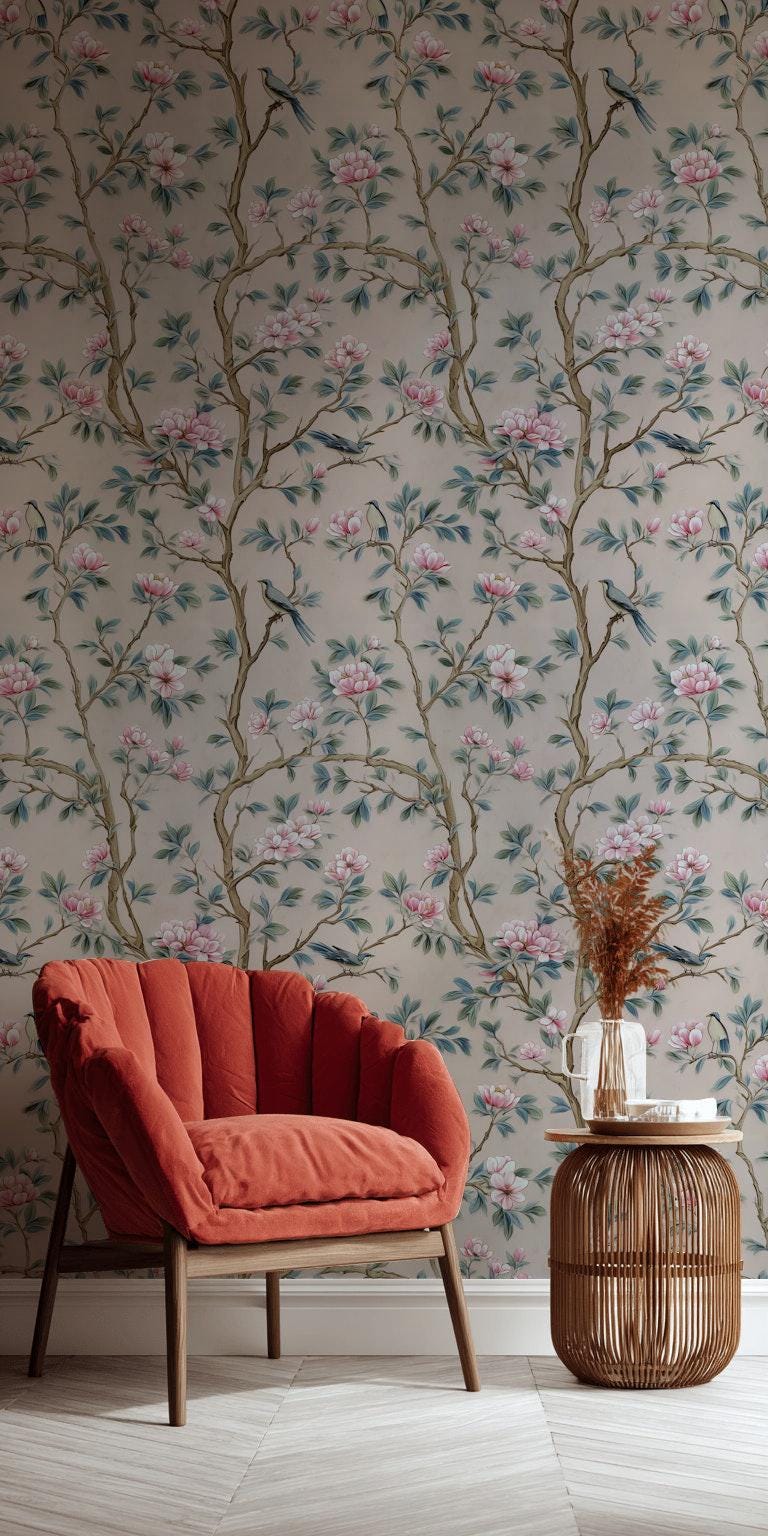 Chinoiserie Magnolia Wallpaper | Pink Floral Bird Mural | Peel & Stick or Traditional Luxury Decor