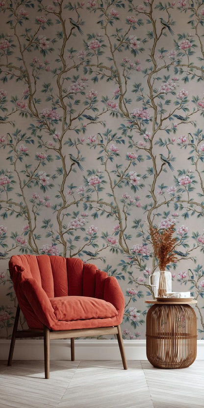 Chinoiserie Magnolia Wallpaper | Pink Floral Bird Mural | Peel & Stick or Traditional Luxury Decor