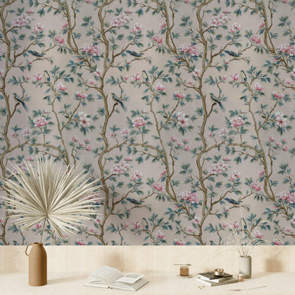Chinoiserie Magnolia Wallpaper | Pink Floral Bird Mural | Peel & Stick or Traditional Luxury Decor
