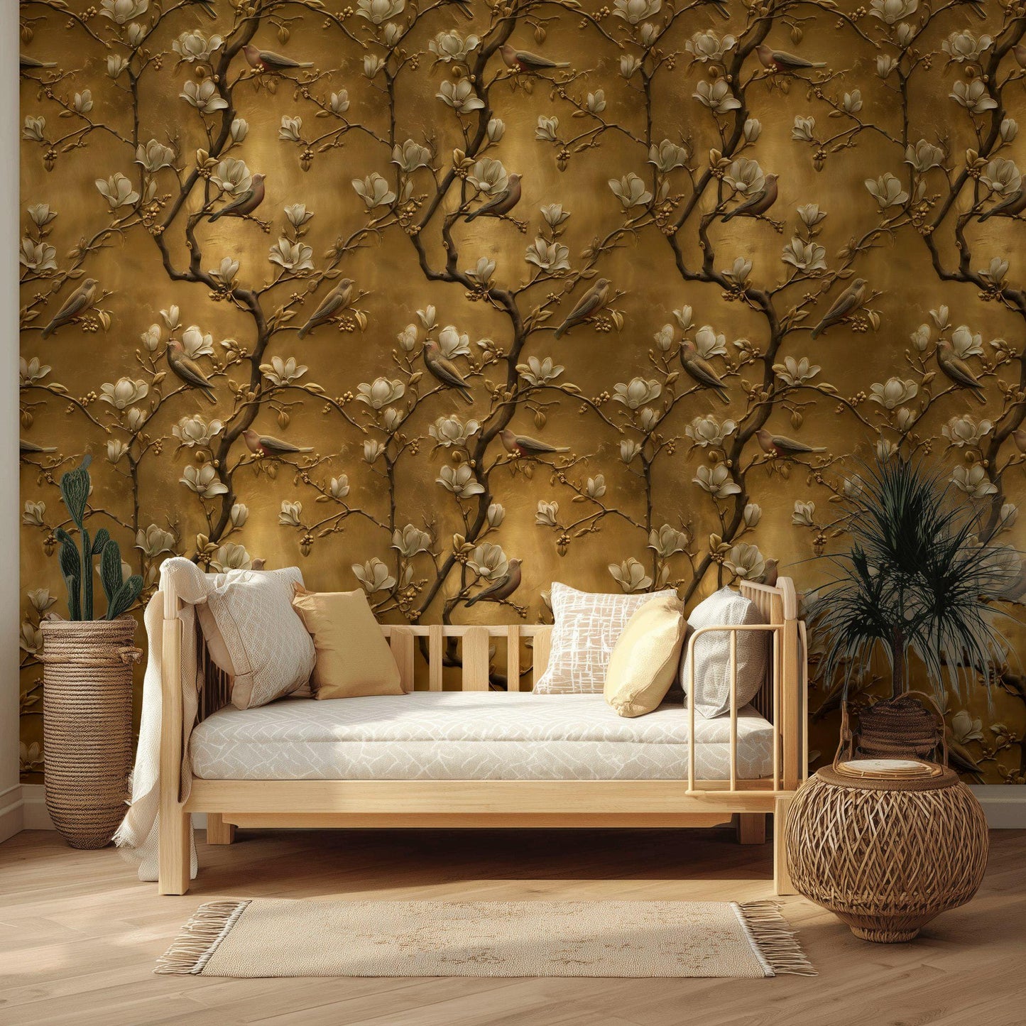 Luxury 3D Gold Leaf Wallpaper | Embossed Chinoiserie Bird Mural | Peel & Stick or Traditional Art