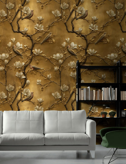 Luxury 3D Gold Leaf Wallpaper | Embossed Chinoiserie Bird Mural | Peel & Stick or Traditional Art