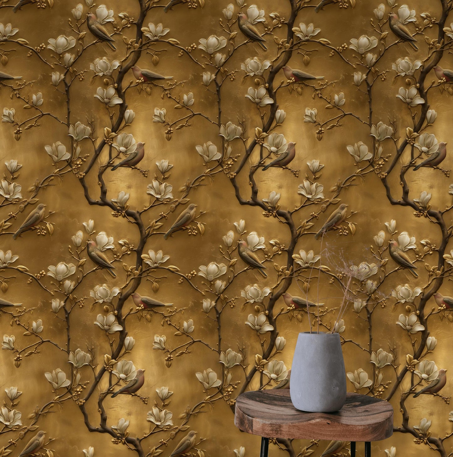 Luxury 3D Gold Leaf Wallpaper | Embossed Chinoiserie Bird Mural | Peel & Stick or Traditional Art