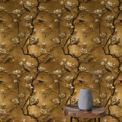 Luxury 3D Gold Leaf Wallpaper | Embossed Chinoiserie Bird Mural | Peel & Stick or Traditional Art