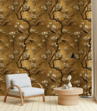 Luxury 3D Gold Leaf Wallpaper | Embossed Chinoiserie Bird Mural | Peel & Stick or Traditional Art
