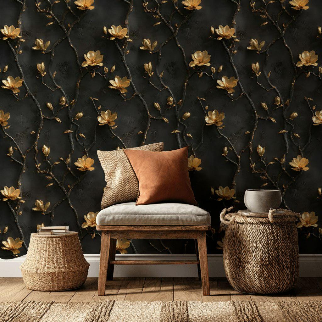Black and Gold Floral Wallpaper | 3D Embossed Magnolia Mural