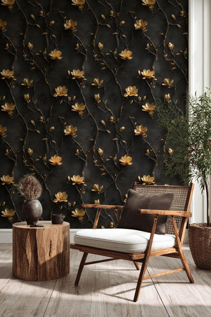Black and Gold Floral Wallpaper | 3D Embossed Magnolia Mural