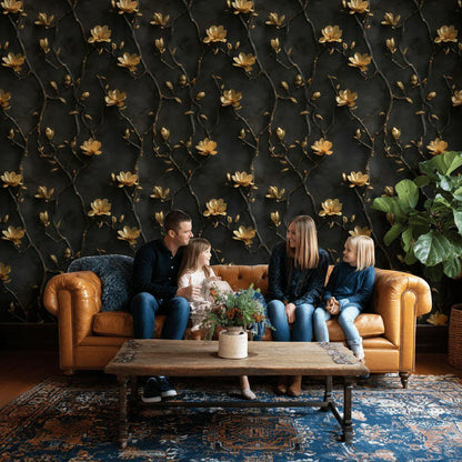 Black and Gold Floral Wallpaper | 3D Embossed Magnolia Mural