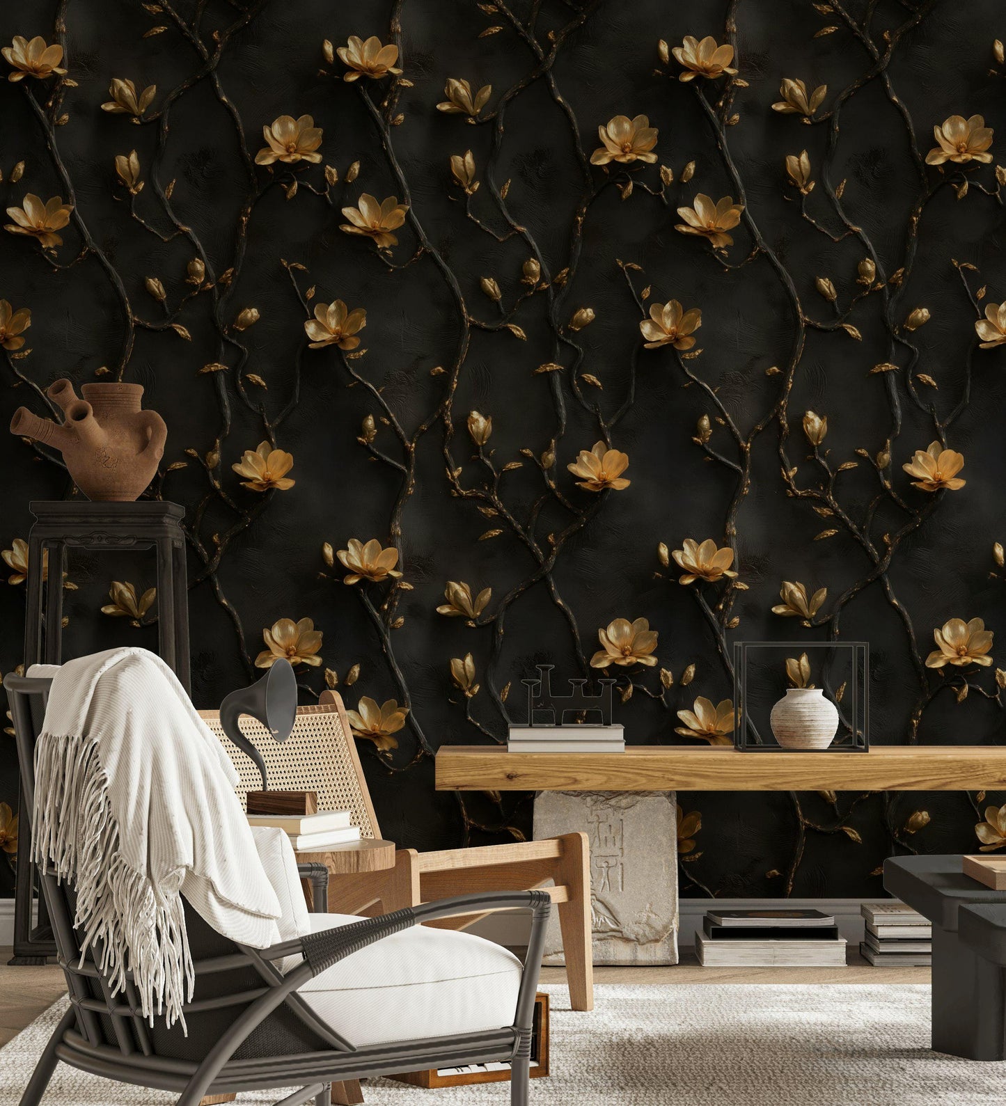 Black and Gold Floral Wallpaper | 3D Embossed Magnolia Mural