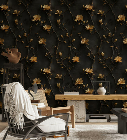 Black and Gold Floral Wallpaper | 3D Embossed Magnolia Mural