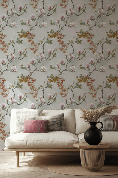 Vintage Magnolia Wallpaper | Soft Pink Floral Wall Mural | Peel & Stick or Traditional Chinoiserie Art