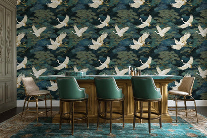 Luxury Crane Bird Wallpaper | Dark Chinoiserie Wall Mural | Peel & Stick or Traditional Japanese Art