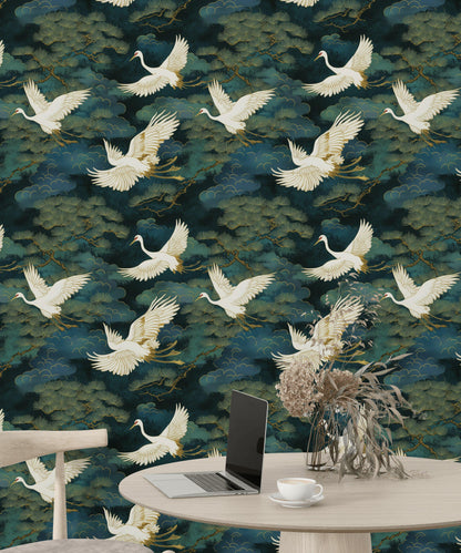 Luxury Crane Bird Wallpaper | Dark Chinoiserie Wall Mural | Peel & Stick or Traditional Japanese Art