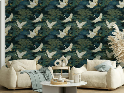 Luxury Crane Bird Wallpaper | Dark Chinoiserie Wall Mural | Peel & Stick or Traditional Japanese Art