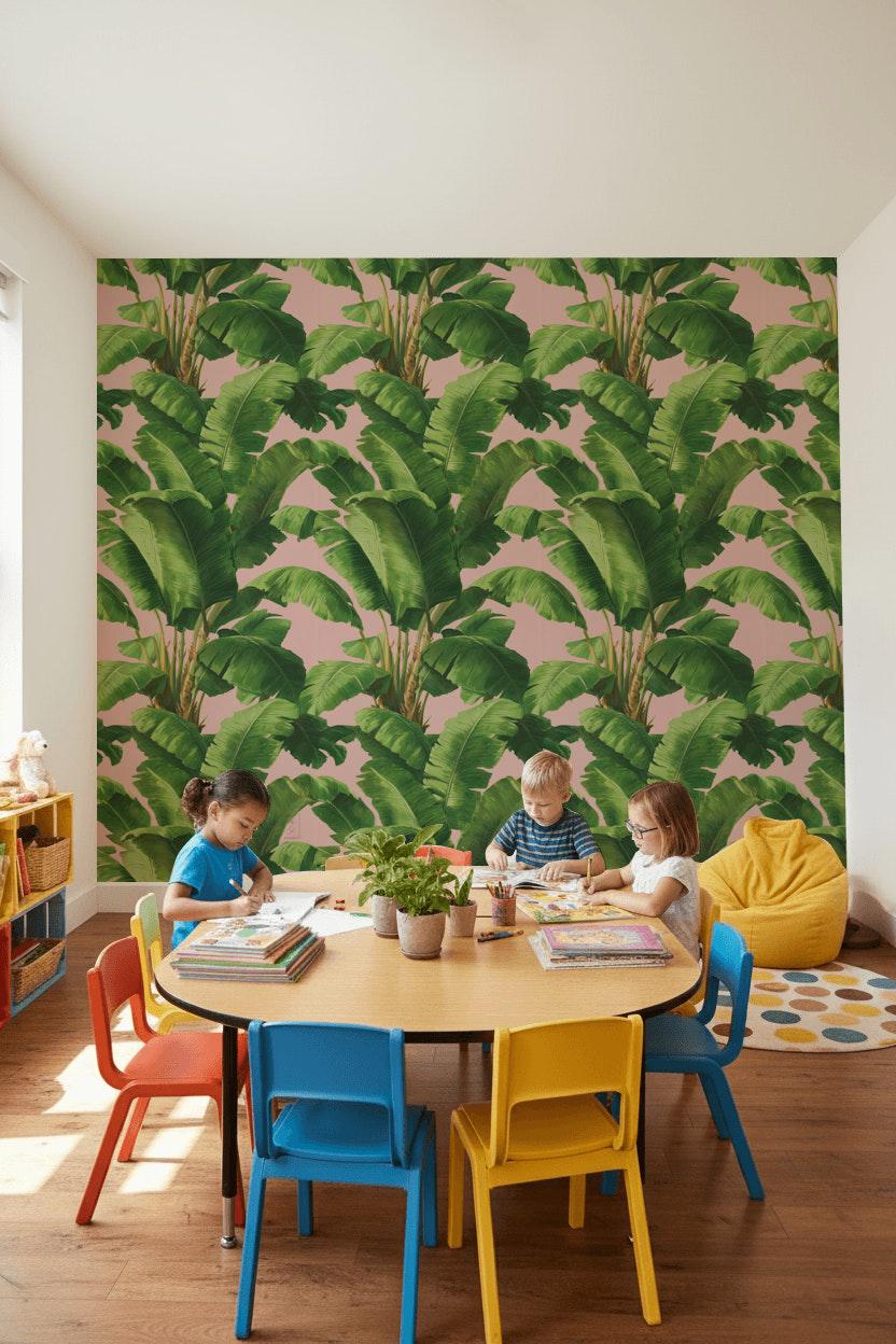 Pink Tropical Banana Leaf Wallpaper | Boho Palm Frond Mural