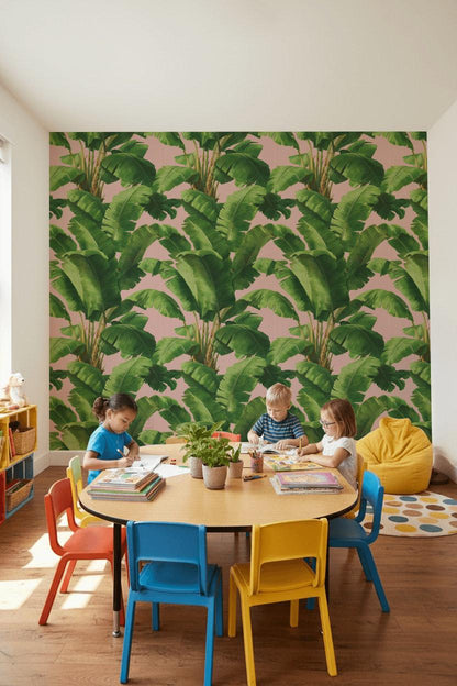Pink Tropical Banana Leaf Wallpaper | Boho Palm Frond Mural