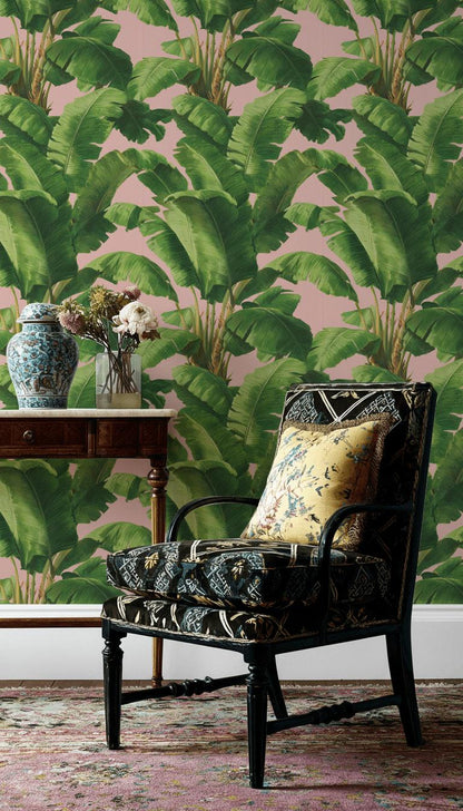 Pink Tropical Banana Leaf Wallpaper | Boho Palm Frond Mural