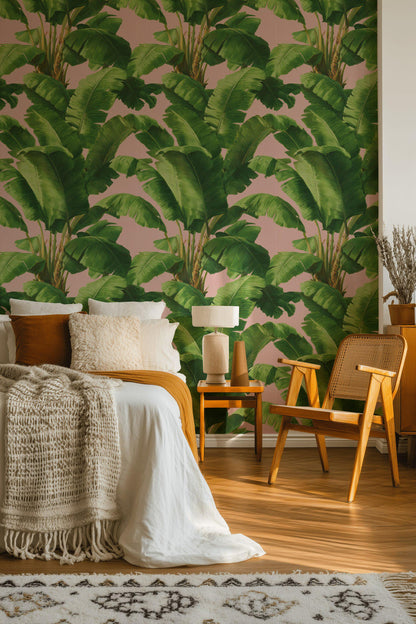 Pink Tropical Banana Leaf Wallpaper | Boho Palm Frond Mural