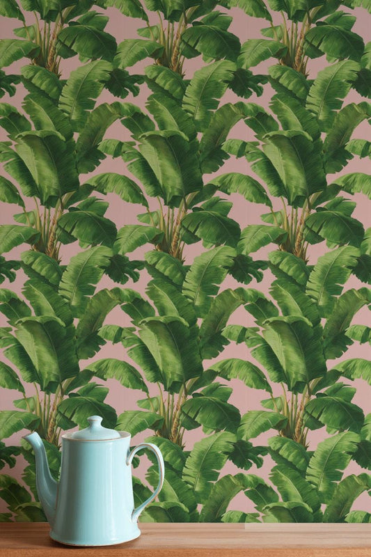 Pink Tropical Banana Leaf Wallpaper | Boho Palm Frond Mural