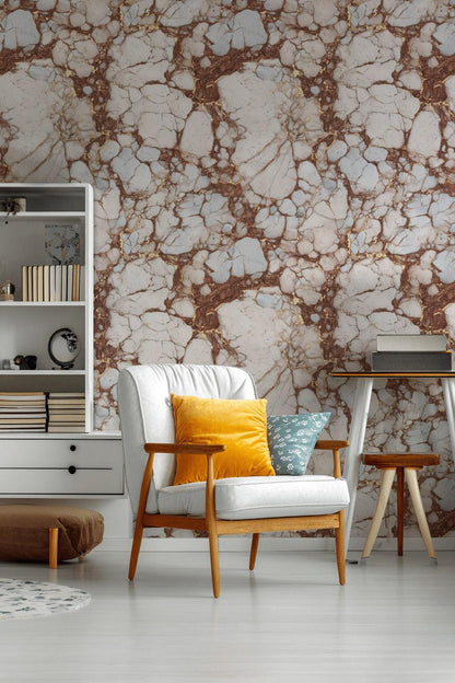 Kintsugi Marble Wallpaper White Brown Faux Stone Mural Gold Accent Peel Stick Decor