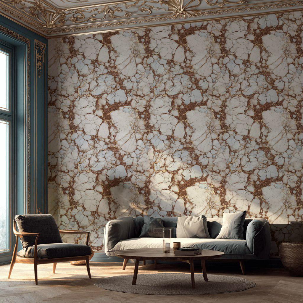 Kintsugi Marble Wallpaper White Brown Faux Stone Mural Gold Accent Peel Stick Decor